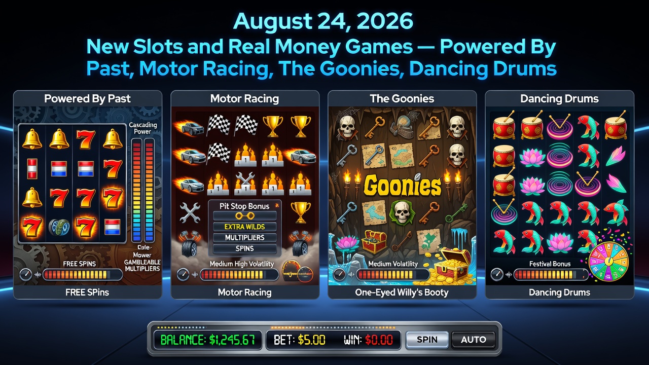 August 24 New Slots Roundup: Powered By Past, Motor Racing, The Goonies & Dancing Drums Explained